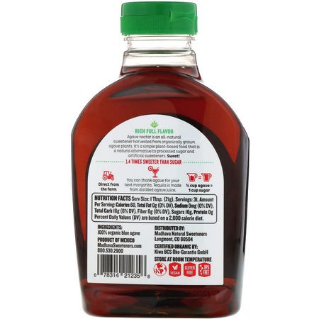 Madhava Natural Sweeteners, Organic Amber Raw Blue Agave, 23.5 oz (667 g):Agave Nectar, المحليات