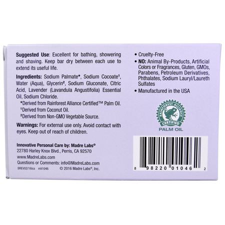 Madre Labs, Castile Lavender, Bar Soap, Vegan, 5 oz (141 g):قشتالة صاب,ن, صاب,ن بار