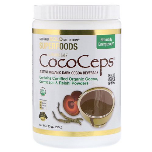 California Gold Nutrition, SUPERFOODS - CocoCeps, Organic Cocoa, Cordyceps & Reishi, 7.93 oz (225 g) فوائد