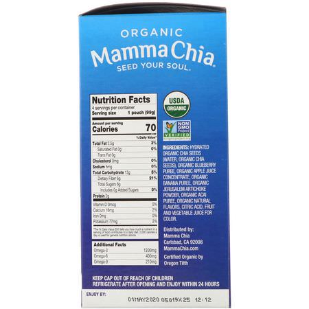 Mamma Chia, Organic Chia Prebiotic Squeeze, Blueberry Acai, 4 Pouches, 3.5 oz (99 g) Each:ضغط الحقائب ,ال,جبات الخفيفة