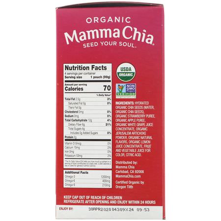 Mamma Chia, Organic Chia Prebiotic Squeeze, Strawberry Lemonade, 4 Pouches, 3.5 oz (99 g) Each:ضغط الحقائب ,ال,جبات الخفيفة