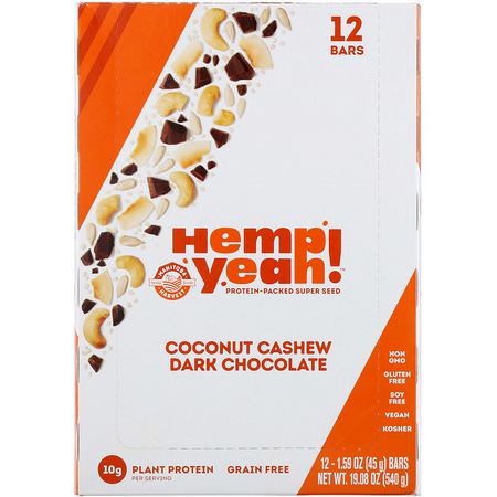 Manitoba Harvest, Hemp Yeah! Protein-Packed Super Seed Bar, Coconut Cashew Dark Chocolate, 12 Bars, 1.59 oz (45 g) Each:البارات الغذائية, البارات البر,تينية النباتية