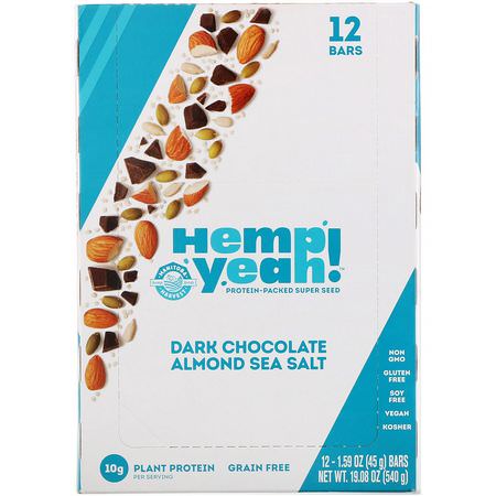 Manitoba Harvest, Hemp Yeah! Protein-Packed Super Seed Bar, Dark Chocolate Almond Sea Salt, 12 Bars, 1.59 oz (45 g) Each:البارات الغذائية, البارات البر,تينية النباتية