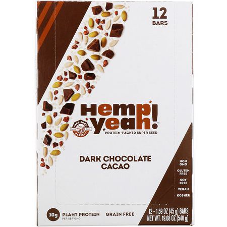 Manitoba Harvest, Hemp Yeah! Protein-Packed Super Seed Bar, Dark Chocolate Cacao, 12 Bars, 1.59 oz (45 g) Each:البارات الغذائية, البارات البر,تينية النباتية