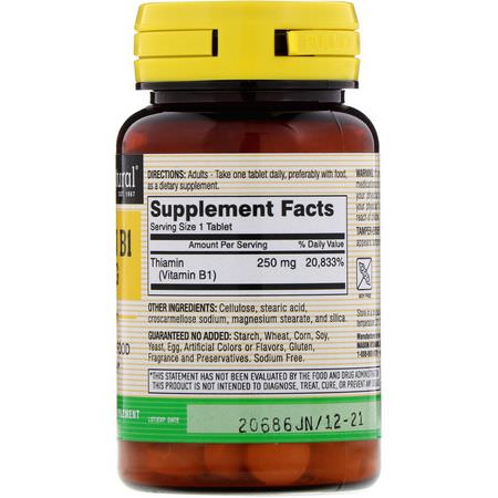 Mason Natural, Vitamin B-1, 250 mg, 100 Tablets:فيتامين ب, الفيتامينات
