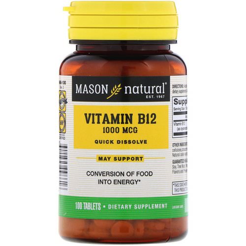 Mason Natural, Vitamin B-12, Quick Dissolve, 1,000 mcg, 100 Tablets فوائد