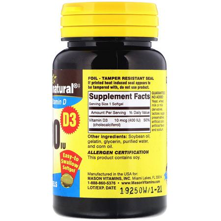 Mason Natural, Vitamin D3, 400 IU, 100 Softgels:D3 Cholecalciferol, فيتامين د