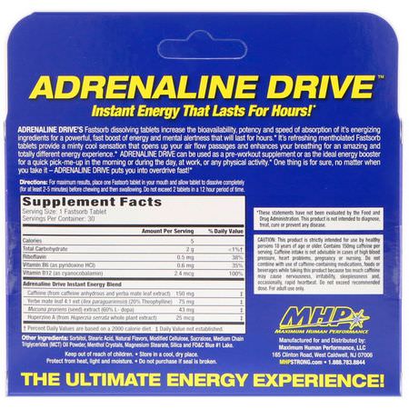 MHP, Adrenaline Drive, Peppermint, 30 Fastsorb Tablets:الكافيين, المنبه
