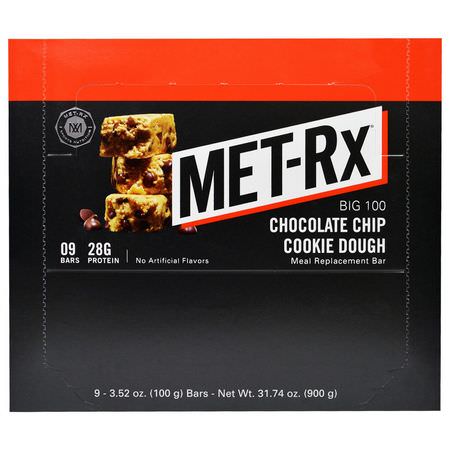 MET-Rx, Big 100, Meal Replacement Bar, Chocolate Chip Cookie Dough, 9 Bars, 3.52 oz (100 g) Each:,جبات البارات, البارات الرياضية