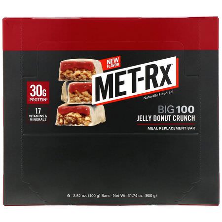 MET-Rx, Big 100, Meal Replacement Bar, Jelly Donut Crunch, 9 bars, 3.52 oz (100 g) Each:,جبات البارات, البارات الرياضية