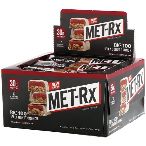 MET-Rx, Big 100, Meal Replacement Bar, Jelly Donut Crunch, 9 bars, 3.52 oz (100 g) Each فوائد