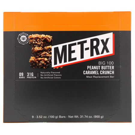 MET-Rx, Big 100, Meal Replacement Bar, Peanut Butter Caramel Crunch, 9 Bars, 3.52 oz (100 g) Each:,جبات البارات, البارات الرياضية