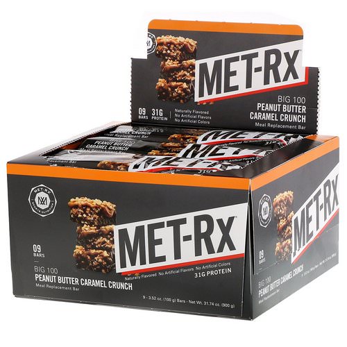 MET-Rx, Big 100, Meal Replacement Bar, Peanut Butter Caramel Crunch, 9 Bars, 3.52 oz (100 g) Each فوائد