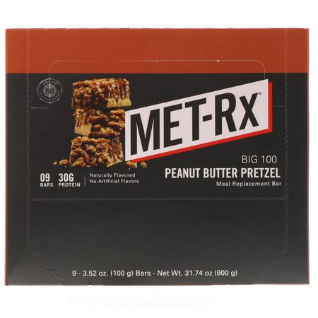 MET-Rx, Big 100, Meal Replacement Bar, Peanut Butter Pretzel, 9 Bars, 3.52 oz (100 g) Each:,جبات البارات, البارات الرياضية
