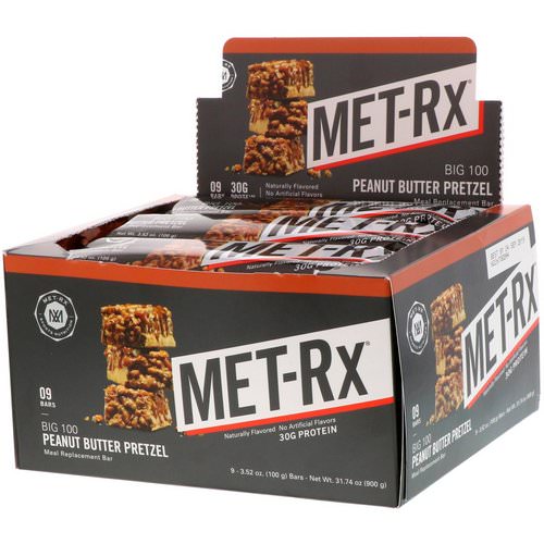 MET-Rx, Big 100, Meal Replacement Bar, Peanut Butter Pretzel, 9 Bars, 3.52 oz (100 g) Each فوائد