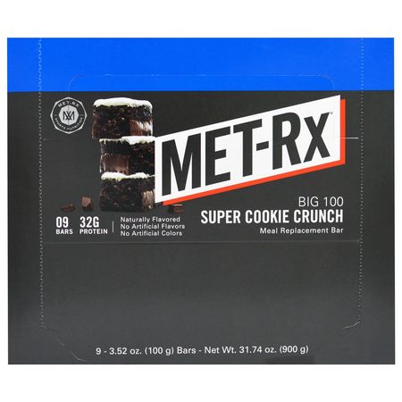 MET-Rx, Big 100, Meal Replacement Bar, Super Cookie Crunch, 9 Bars, 3.52 oz (100 g) Each:,جبات البارات, البارات الرياضية