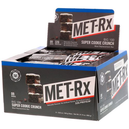 MET-Rx, Big 100, Meal Replacement Bar, Super Cookie Crunch, 9 Bars, 3.52 oz (100 g) Each فوائد