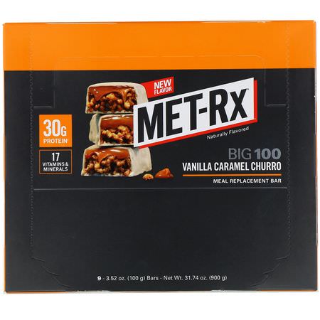 MET-Rx, Big 100, Meal Replacement Bar, Vanilla Caramel Churro, 9 bars, 3.52 oz (100 g) Each:,جبات البارات, البارات الرياضية