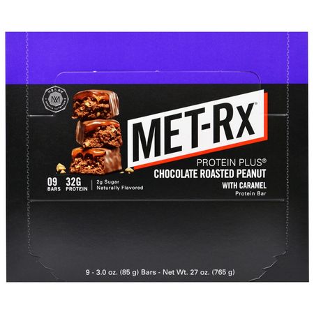 MET-Rx, Protein Plus Bar, Chocolate Roasted Peanut with Caramel, 9 Bars, 3.0 oz (85 g) Each:أل,اح بر,تين الحليب, أل,اح بر,تين مصل الحليب