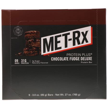 MET-Rx, Protein Plus, Chocolate Fudge Deluxe, 9 Bars, 3.0 oz (85 g) Each:أل,اح بر,تين الحليب, أل,اح بر,تين مصل الحليب