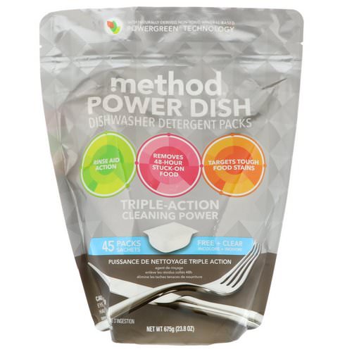 Method, Power Dish, Dishwasher Detergent Packs, Free + Clear, 45 Packs, 23.8 oz (675 g) فوائد