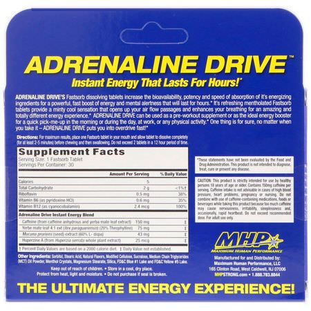 MHP, Adrenaline Drive, Spearmint, 30 Fastsorb Tablets:الكافيين, المنبه