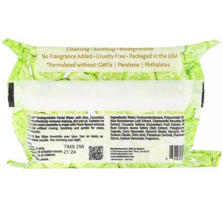 Mild By Nature, Aloe & Cucumber Facial Wipes, Biodegradable, 30 Pre-Moistened Towelettes:مزيلات المكياج, المكياج