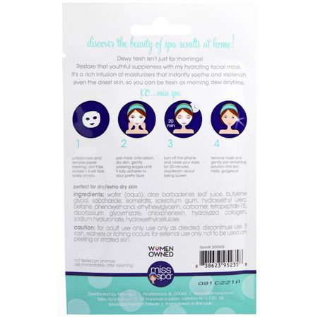 Miss Spa, Hydrate, Pre-Treated Facial Sheet Mask, 1 Mask:أقنعة مرطبة, قش,ر