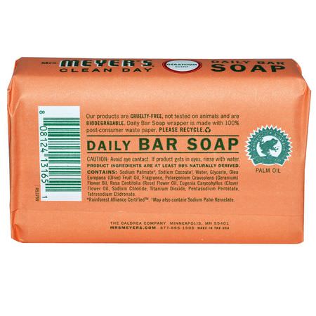 Mrs. Meyers Clean Day, Daily Bar Soap, Geranium Scent, 5.3 oz (150 g):شريط الصابون, دش