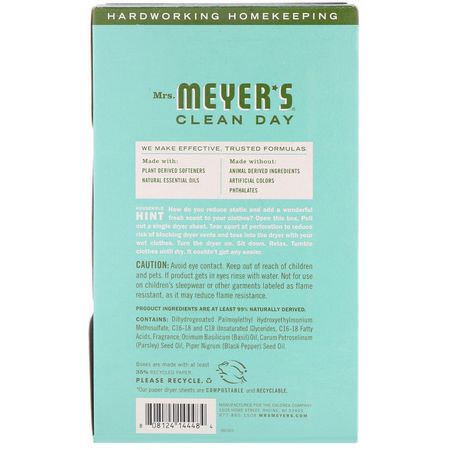 Mrs. Meyers Clean Day, Dryer Sheets, Basil Scent, 80 Sheets:التجفيف, مطهرات الأقمشة
