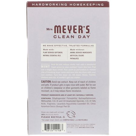 Mrs. Meyers Clean Day, Dryer Sheets, Lavender Scent, 80 Sheets:التجفيف, مطهرات الأقمشة