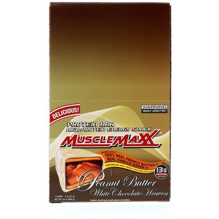 MuscleMaxx, High-Protein Energy Snack, Protein Bar, Peanut Butter White Chocolate Heaven, 12 Bars, 2 oz (57 g) Each:قضبان الطاقة, قضبان الرياضة