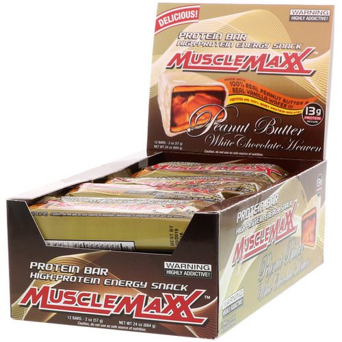 MuscleMaxx, High-Protein Energy Snack, Protein Bar, Peanut Butter White Chocolate Heaven, 12 Bars, 2 oz (57 g) Each فوائد