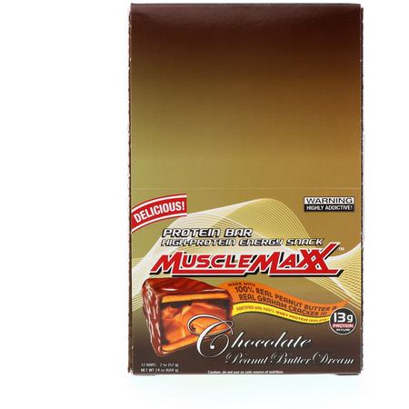 MuscleMaxx, Protein Snackbar, Chocolate Peanut Butter, 12 Bars, 2 oz (57 g) Each:قضبان الطاقة, قضبان الرياضة