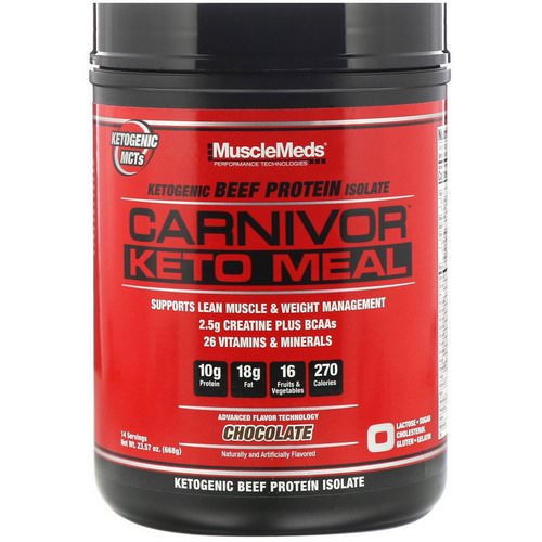 MuscleMeds, Carnivor, Keto Meal, Ketogenic Beef Protein Isolate, Chocolate, 23.57 oz (668 g) فوائد