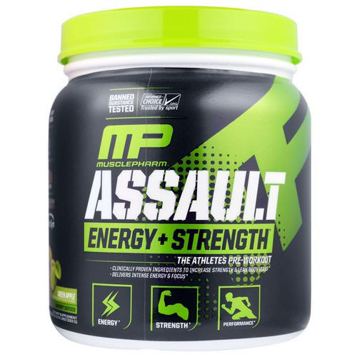MusclePharm, Assault, Energy + Strength, Pre-Workout, Green Apple, 11.75 oz (333 g) فوائد