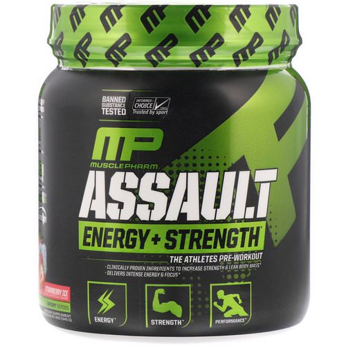 MusclePharm, Assault Energy + Strength, Pre-Workout, Strawberry Ice, 12.17 oz (345 g) فوائد