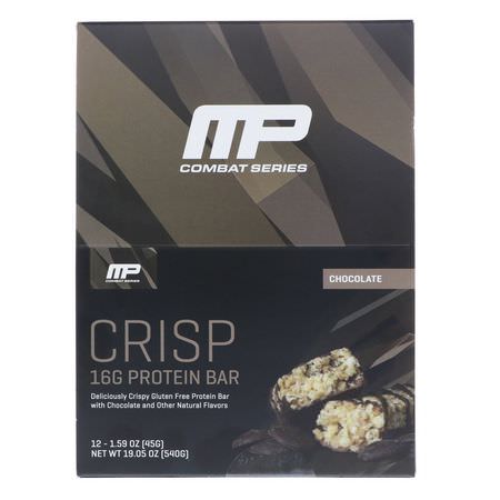MusclePharm, Combat Crisp Protein Bars, Chocolate, 12 Bars, 1.59 oz (45 g) Each:أشرطة بر,تين مصل, أشرطة البر,تين