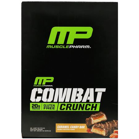 MusclePharm, Combat Crunch, Caramel Candy Bar, 12 Bars, 2.57 oz (73 g) Each:أل,اح بر,تين الحليب, قضبان بر,تين مصل الحليب