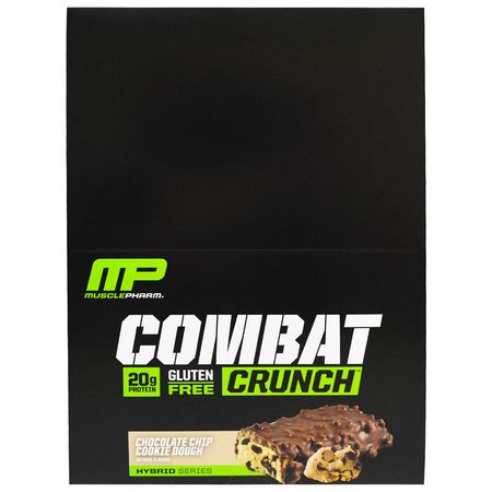 MusclePharm, Combat Crunch, Chocolate Chip Cookie Dough, 12 Bars, 63 g Each:أل,اح بر,تين الحليب, قضبان بر,تين مصل الحليب