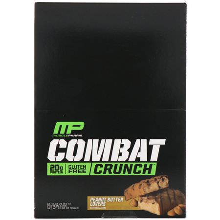 MusclePharm, Combat Crunch, Peanut Butter Lovers, 12 Bars, 2.22 oz (63 g) Each:أل,اح بر,تين الحليب, قضبان بر,تين مصل الحليب
