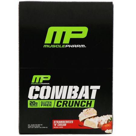 MusclePharm, Combat Crunch, Strawberries 'N' Cream, 12 Bars, 2.22 oz (63 g) Each:أل,اح بر,تين الحليب, أل,اح بر,تين مصل الحليب