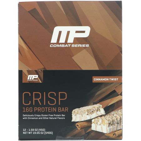 MusclePharm, Combat Series, Crisp Protein Bars, Cinnamon Twist, 12 Bars, 1.59 oz (45 g) Each:أشرطة بر,تين مصل, أشرطة البر,تين