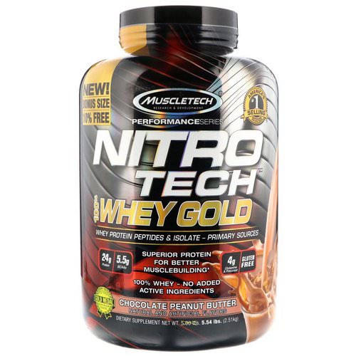 Muscletech, Nitro Tech 100% Whey Gold, Chocolate Peanut Butter, 5.54 lbs (2.51 kg) فوائد