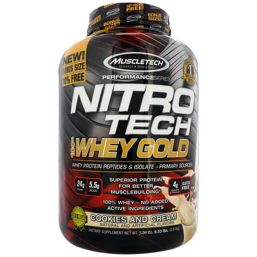 Muscletech, Nitro Tech, 100% Whey Gold, Cookies and Cream, 5.53 lbs (2.51 kg) فوائد
