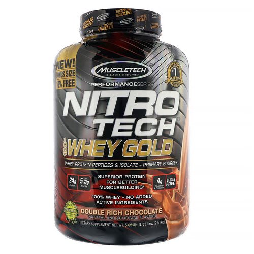 Muscletech, Nitro Tech, 100% Whey Gold, Whey Protein Powder, Double Rich Chocolate, 5.53 lbs (2.51 kg) فوائد