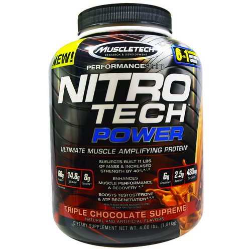 Muscletech, Nitro Tech Power, Ultimate Muscle Amplifying Whey Protein Powder, Triple Chocolate Supreme, 4.00 lbs (1.81 kg) فوائد