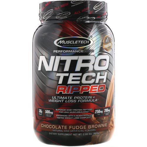 Muscletech, Nitro Tech Ripped, Ultimate Protein + Weight Loss Formula, Chocolate Fudge Brownie, 2 lbs (907 g) فوائد