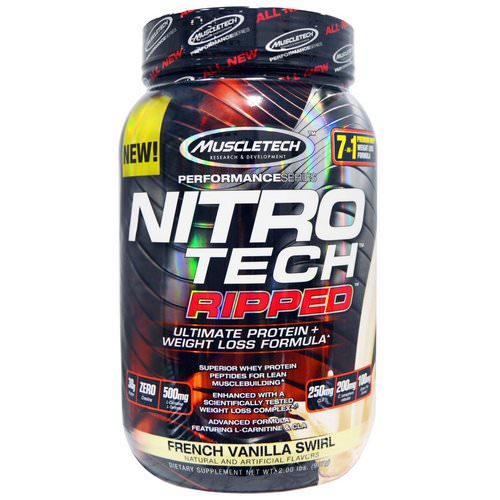 Muscletech, Nitro tech, Ripped, Ultimate Protein + Weight Loss Formula, French Vanilla Swirl, 2.00 lbs (907 g) فوائد