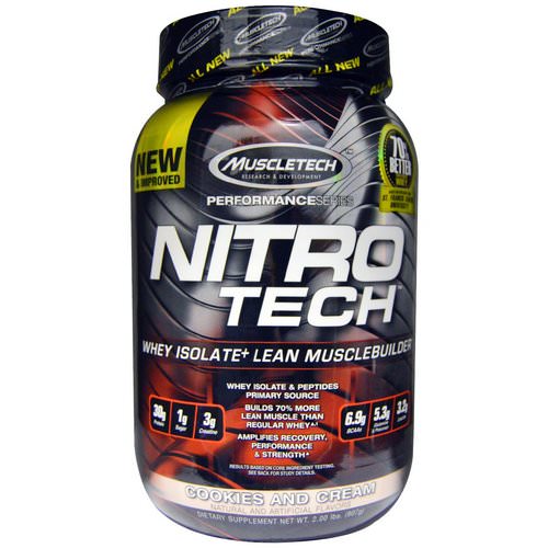 Muscletech, Nitro Tech, Whey Isolate + Lean Muscle Builder, Cookies and Cream, 2.00 lbs (907 g) فوائد